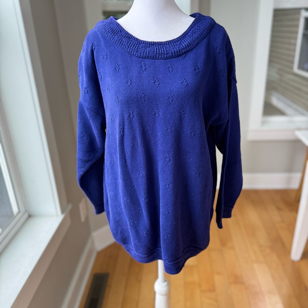 Vintage 80s 90s Express Tricot Cobalt Blue Violet Cotton Tunic Sweater Sz Small